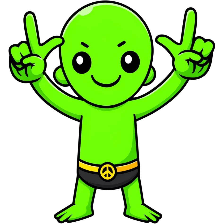 Hilarious green mutant with three arms making peace signs emoji