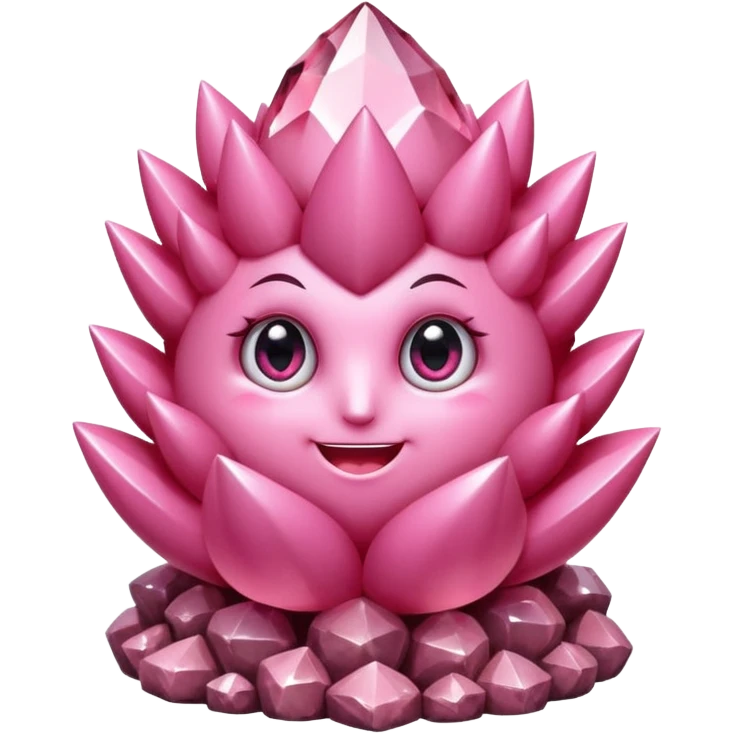 A single cute pink crystal cluster character, chunky round base with many tall rose-pink crystal spikes growing upward like a quartz cluster, faceted and slightly imperfect, on the front of the base a kawaii face with big shiny eyes and a happy open smile emoji