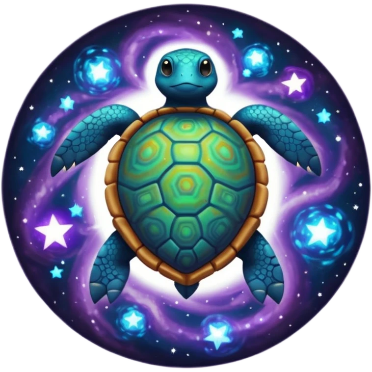 Quasar Turtle emoji – full body, massive cosmic turtle with glowing shell like a galaxy vortex, star patterns, cosmic energy aura, slight side angle emoji