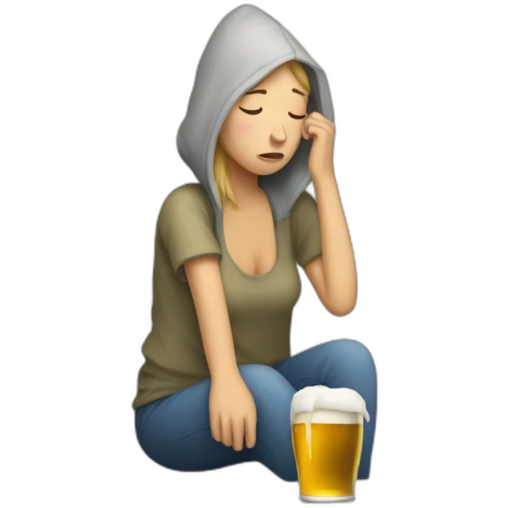 Homeless caucasian woman depressed with beer emoji