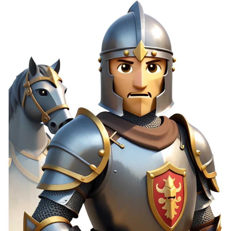 clash-of-clans-aesthetic_-cinematic-fearsome-and-majestic-knight-bust-portrait-emoji, rendered in a flat, vector-style with minimal shading and bold, simplified shapes, depicting a battle-ready medieval knight with steely eyes and intricate armor, mounted on a warhorse reflecting sunlight over a misty battlefield. emoji