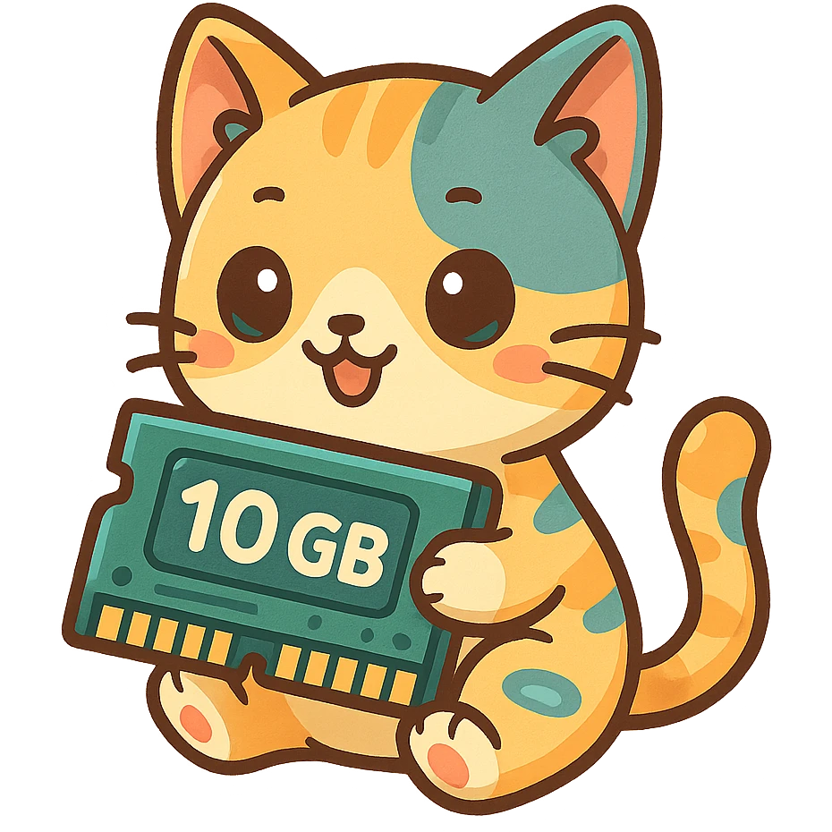 a cat with a memory chip labeled '10 GB' in a playful tech style, cute and colorful cartoon illustration emoji