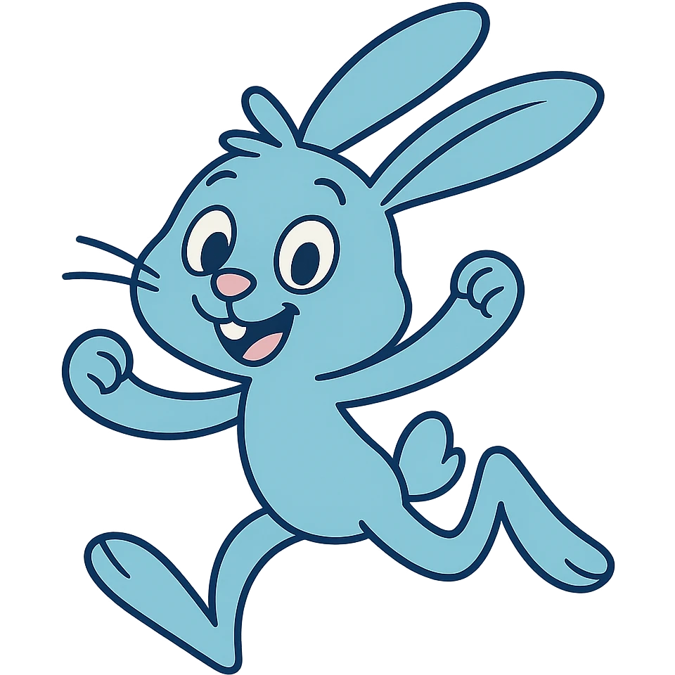 A skinny blue pastel bunny jumping with joy, cute, smiling, friendly, with no background. Remove the background to isolate the subject. emoji