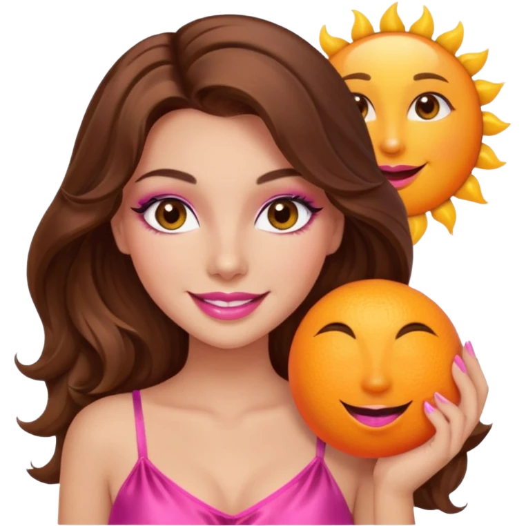 girl with long wavy brown hair, brown eyes, long lashes makeup, sexy pink lips, smiling, light to medium complexion, wearing a pink sexy silk top, holding a big sun emoji