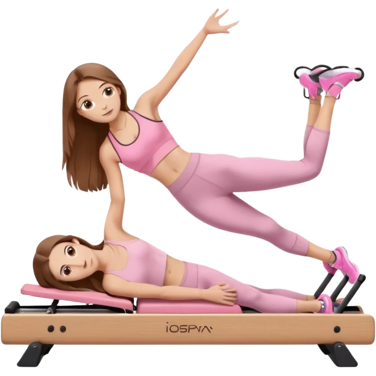 pretty caucasian teen with hazel eyes long brown hair wearing light pink workout clothes doing a plank on a pilates reformer emoji