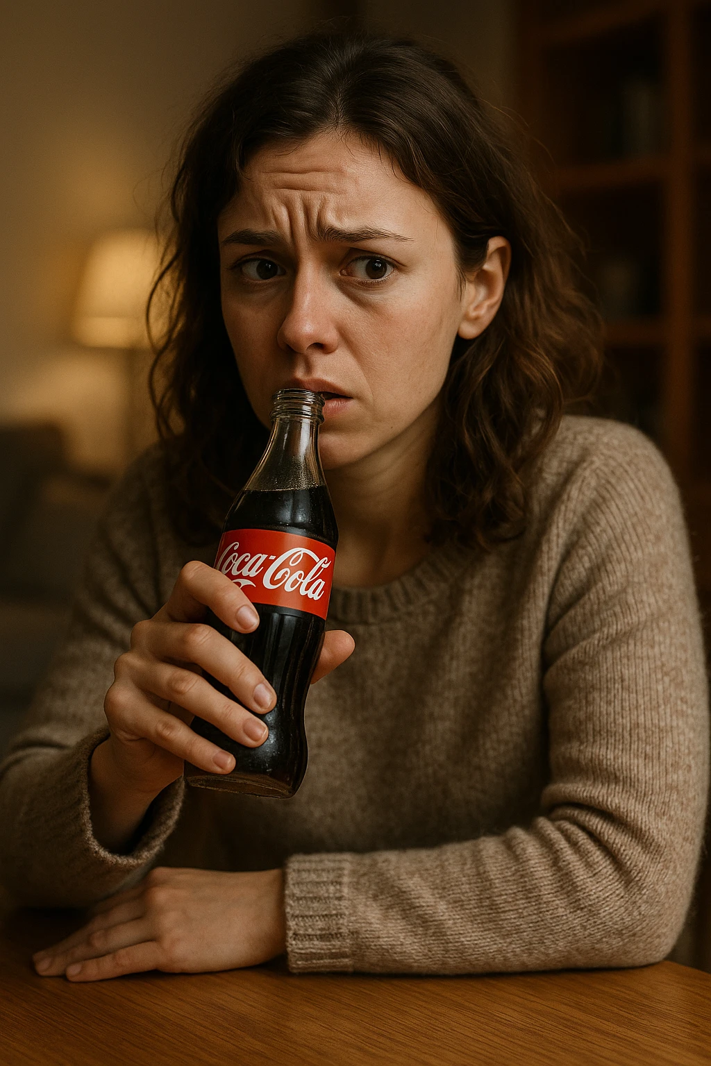 donna con ansia. Che beve coca cola. Immagini realistiche emoji