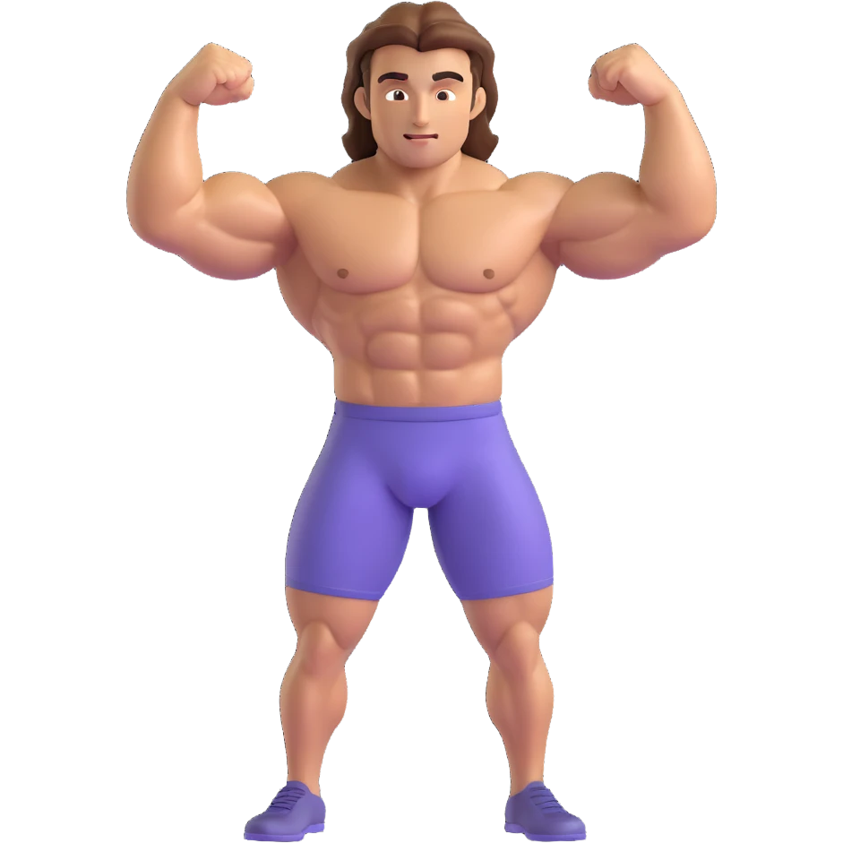 Make a man with hair flexing muscles emoji that looks exactly like the reference image, in iOS emoji style. 3D, shiny, smooth gradients, soft shadows, muscular body, expressive face, and hair. Add a subtle highlight to the muscles. emoji