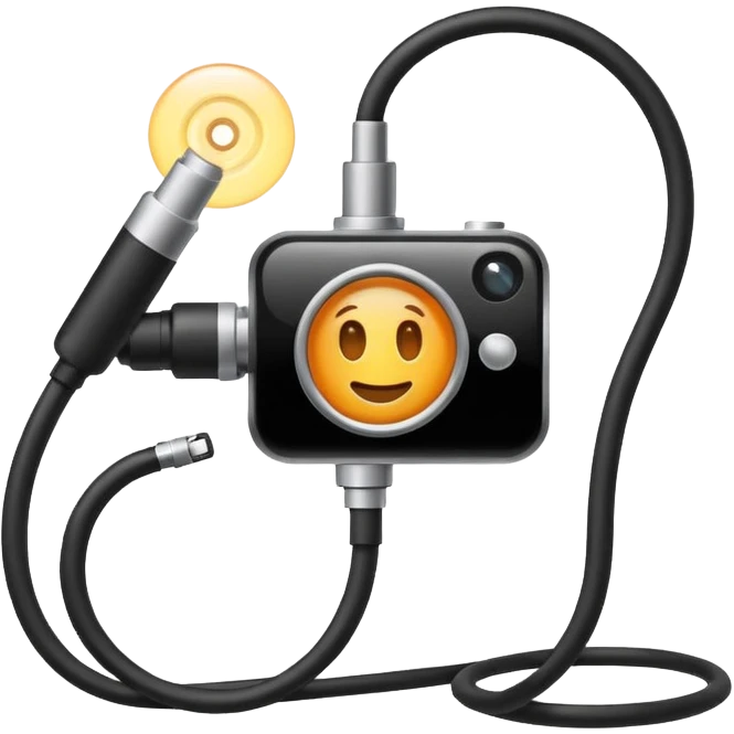 Apple emoji style icon of an endoscope. A minimalist coiled black tube ending in a glowing camera tip. Glossy, rounded emoji