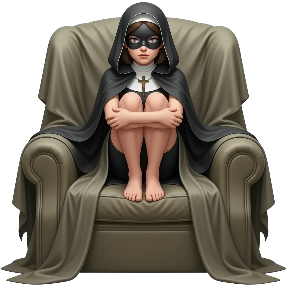 The female figure is in a crouching on the armchair covered with heavy fabric. The most prominent detail is the black mask black mask with a small figurine of the crucified Jesus sewn between the eyes emoji