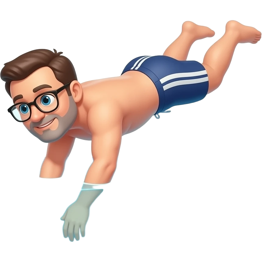 50 year old White  man with no beard  diving into pool  with no swim suit wearing glasses emoji