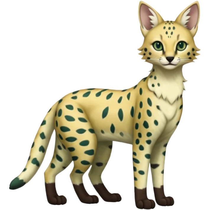 Epic complex detailed dark-hunter-green dark-brown beige pastel realistic aesthetic-scenic-Fakémon-Sprigatito-Floragato-Meowscarada-Trico-Sergal-Serval-Vernid-creature (full body) emoji