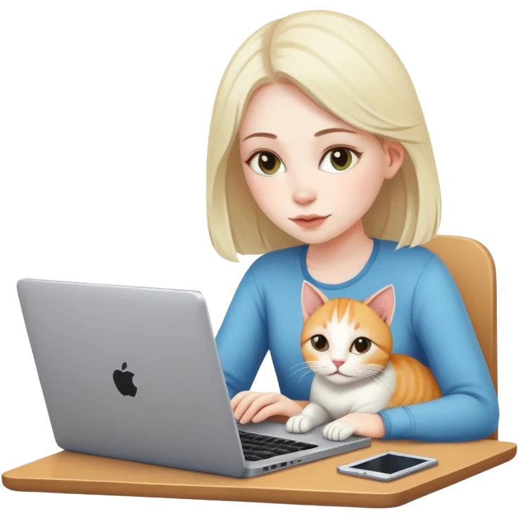 A girl is working on a laptop with a cat lying next to it emoji