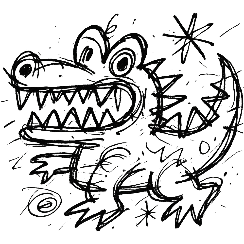 hand-drawn outlined crocodile with a quirky, chaotic design emoji