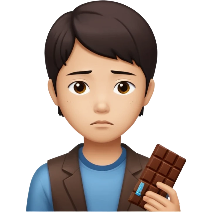 A young Asian dieter with a gloomy expression, thinking of chocolate emoji
