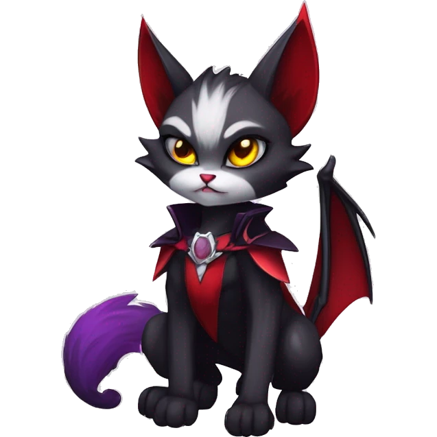 Anthro-Cute-Edgy-Cool-Vampiric-Batty-Cat-Black-Purple-Red-Grey-White-Yellow-Contrast-Colors-Fantasy-Fur-Sona-Chibi-Shiny-Fakémon-Hybrid with horns and fangs and collar full body emoji