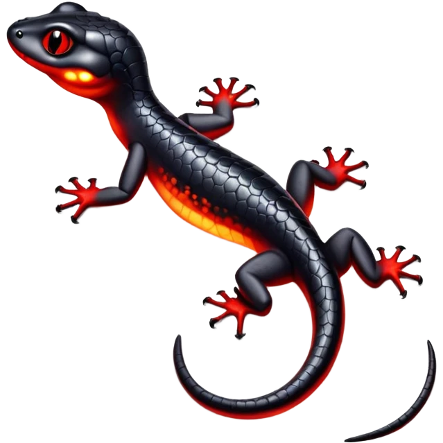 Salamander with black scales and fiery red flashes on its body, sleek and reptilian appearance emoji