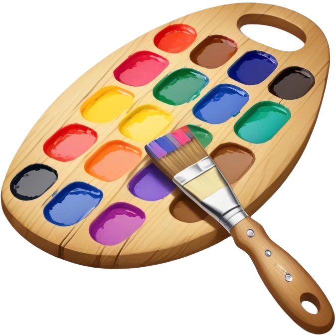 Cinematic Realistic image of a vibrant paint palette and brush, featuring a wooden palette smeared with an array of richly blended colors and a finely detailed brush with soft, delicate bristles, set against a softly textured background that evokes artistic inspiration emoji