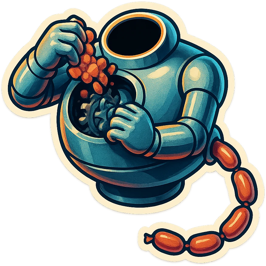 hovering robot. stuffs material into large hole on its top with 2 arms. no head. hole is where a head would be. spinning gears and blades in hole grind material. sausage links come our of hole on backside.  3/4 view. between realism and cartoon. well lit. no dramatic lighting. metallic shiny robot. works diligently. dark humor emoji
