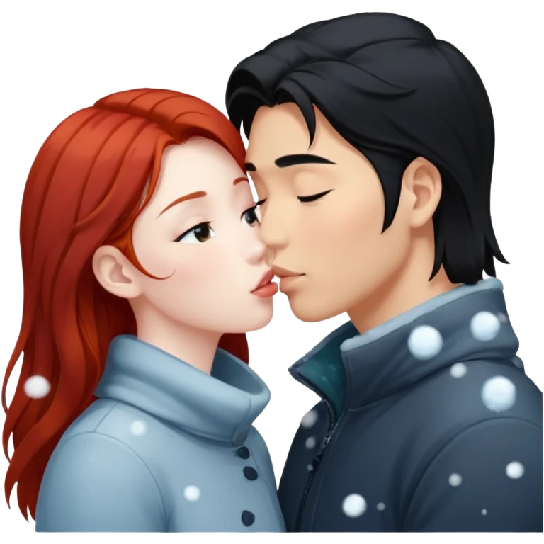 long black haired asian guy kisses redhead girl in snowstorm emoji