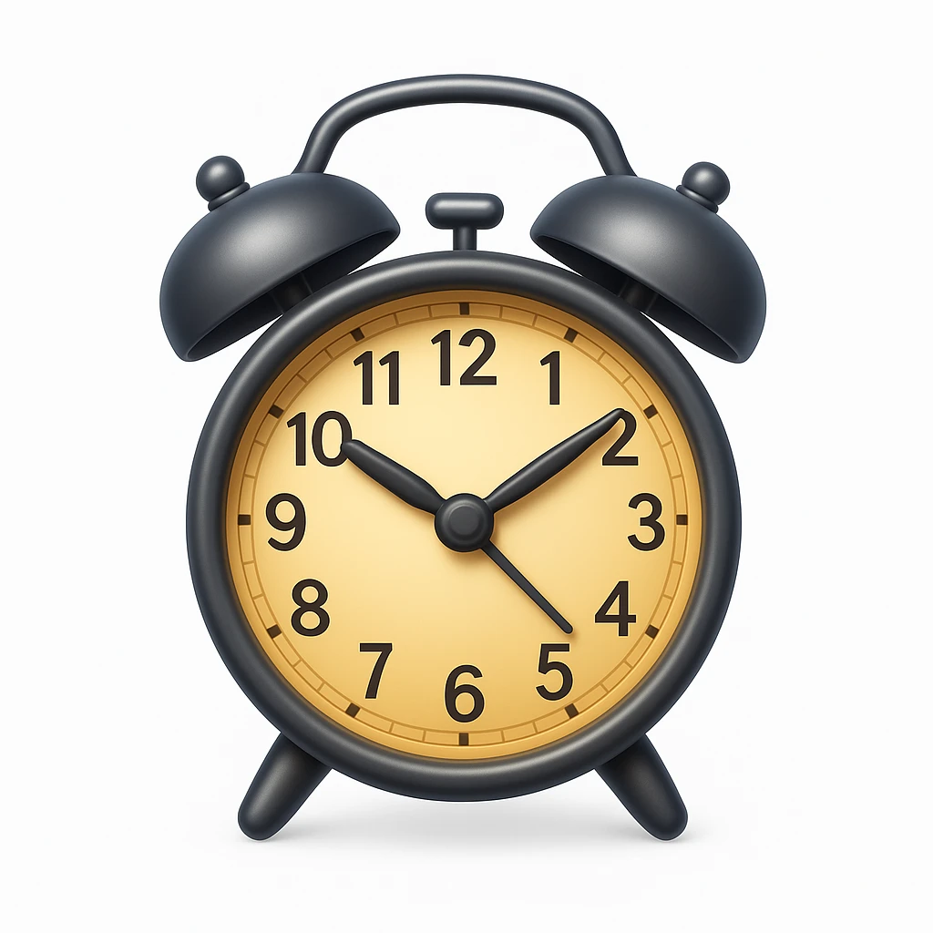Create an alarm clock emoji that looks exactly like the reference image in iOS emoji style. The emoji should be 3D with shiny, smooth gradients, soft shadows, and a realistic classic alarm clock shape with the classic emoji look. emoji