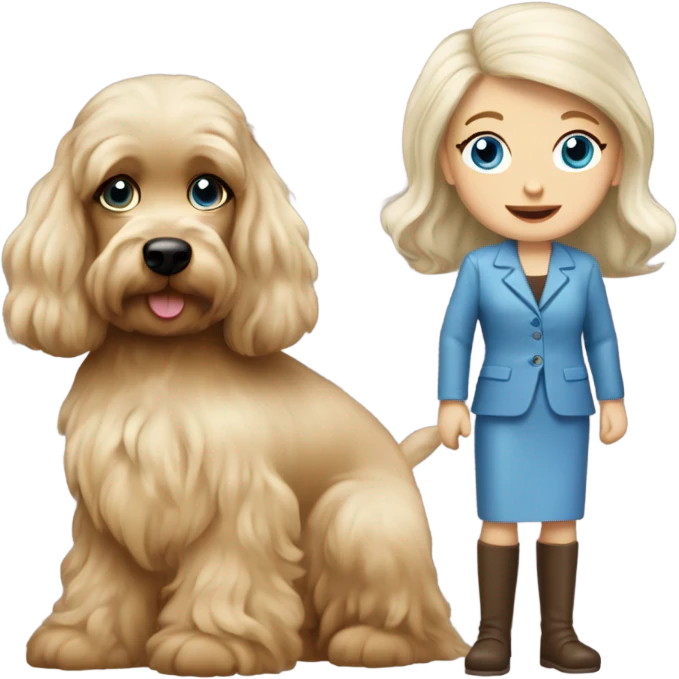 Old blue eyed blonde lady with long straight hair with dark brown Cockapoo puppy dog emoji