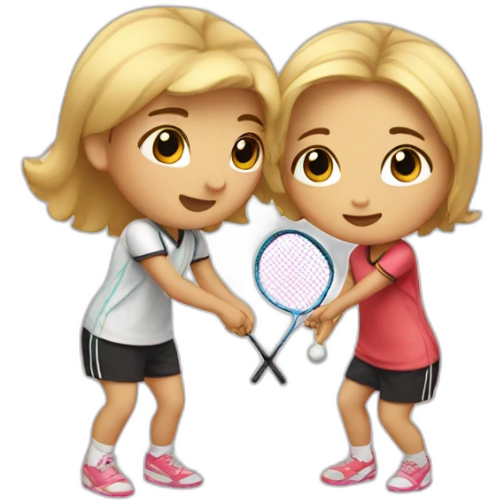Brown little girl and blond guy kissing while playing badminton  emoji
