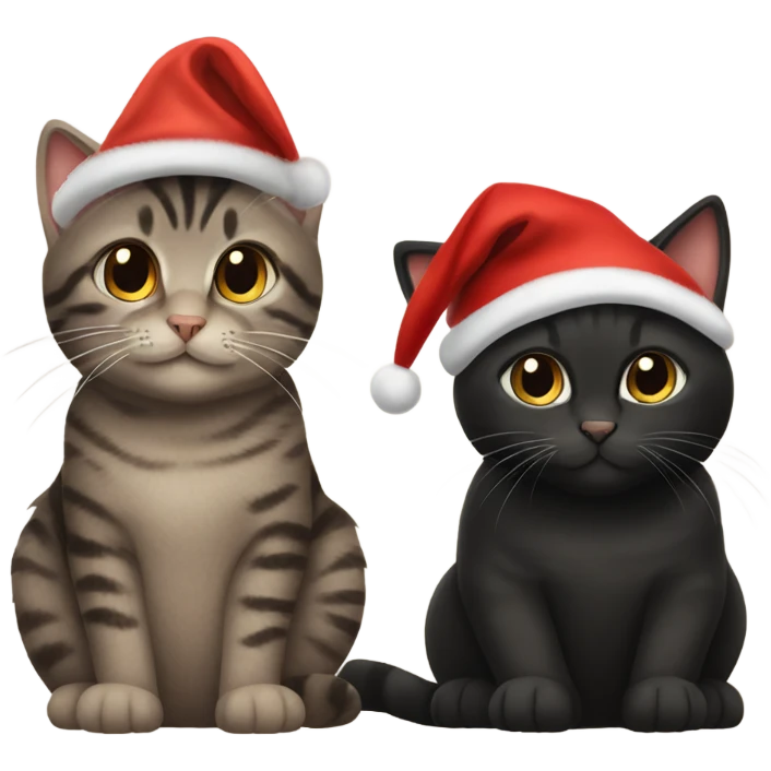 Two black cats and two brown tabby cats all wearing Christmas hats emoji