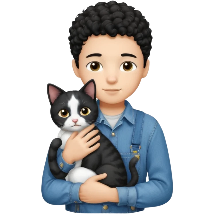 Apple emoji of a 13 year old boy with short black curly hair and dark brown eyes of light skin with denim shirt and overalls hugging a black and white cat emoji