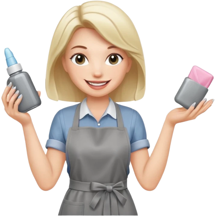 female nail master with buff and gel polish in hand in grey apron  emoji