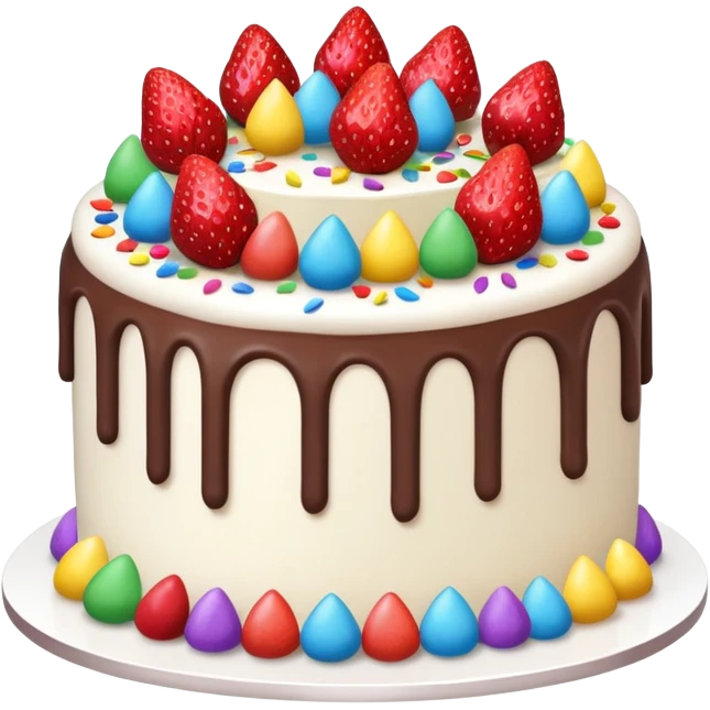 white cake with strawberries, rainbow confetti, and chocolate curls emoji