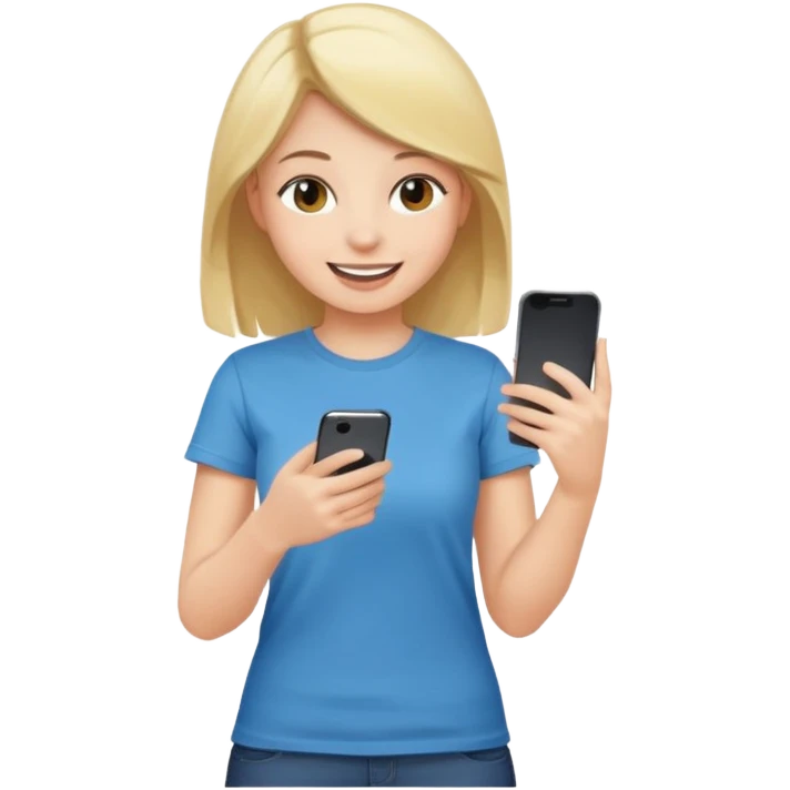 a full body  full girl on his phone with a happy face commenting on a post emoji