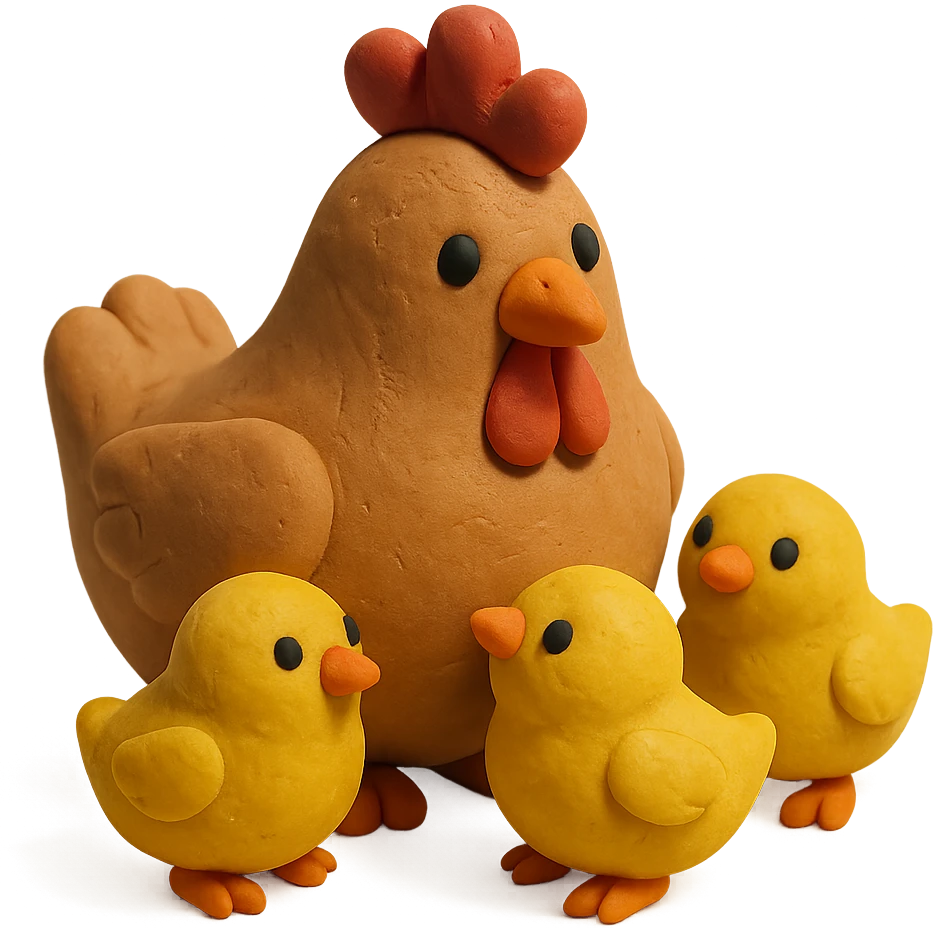 mother hen surrounded by three yellow chicks, playful and cute, matte finish emoji