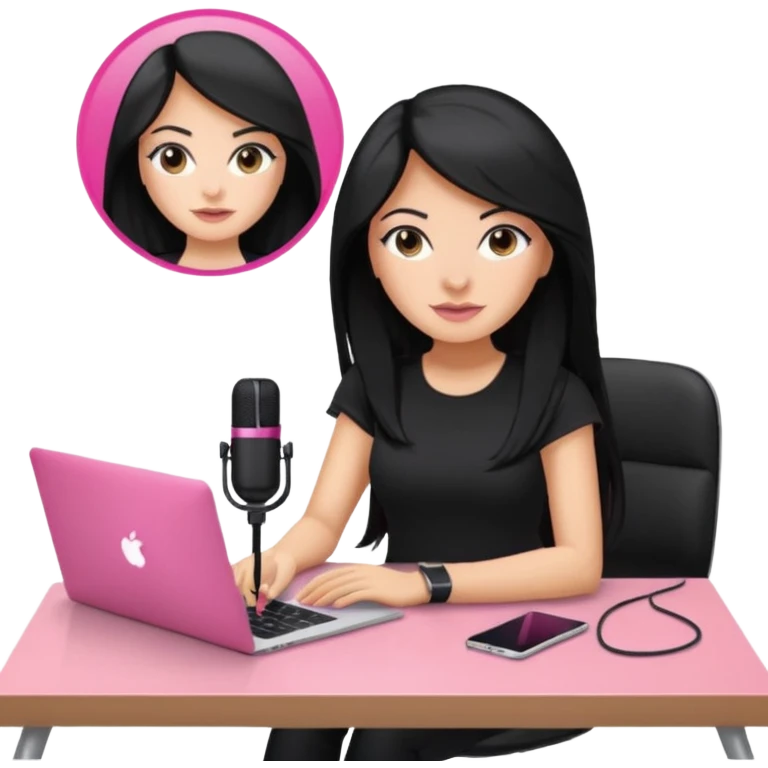 tanned long black hair woman, sat at desk with pink MacBook, podcast microphone black top and pink, sexy, glass table emoji