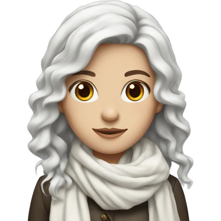 White girl with long wavy black hair and white scarf emoji