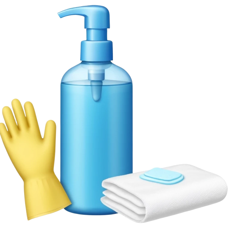 emoji of big (1L) bottle of shampoo, disposable gloves and cotton pads (for makeup) are standing on a table, products look like its always running out, and bran labels to them, make quantity bigger , and i want to see more disposable products emoji