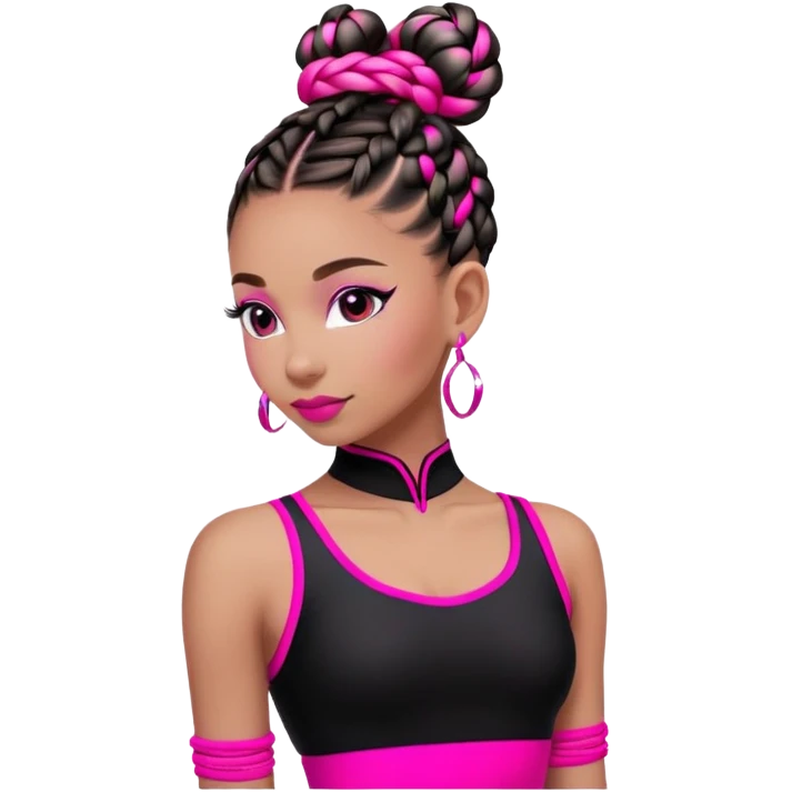 "A dancer in a black and neon pink outfit with a beautifully braided bun." emoji