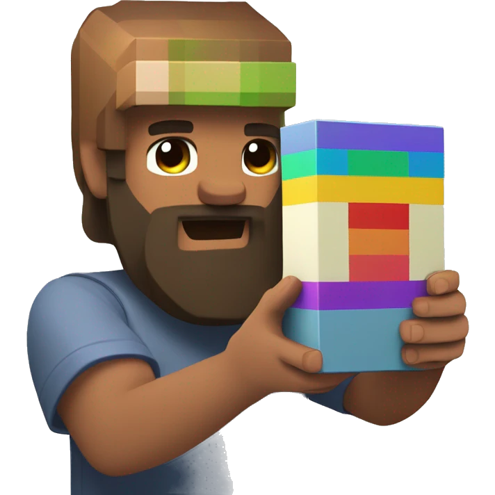 rainbow behind a bearded man holding a minecraft block emoji