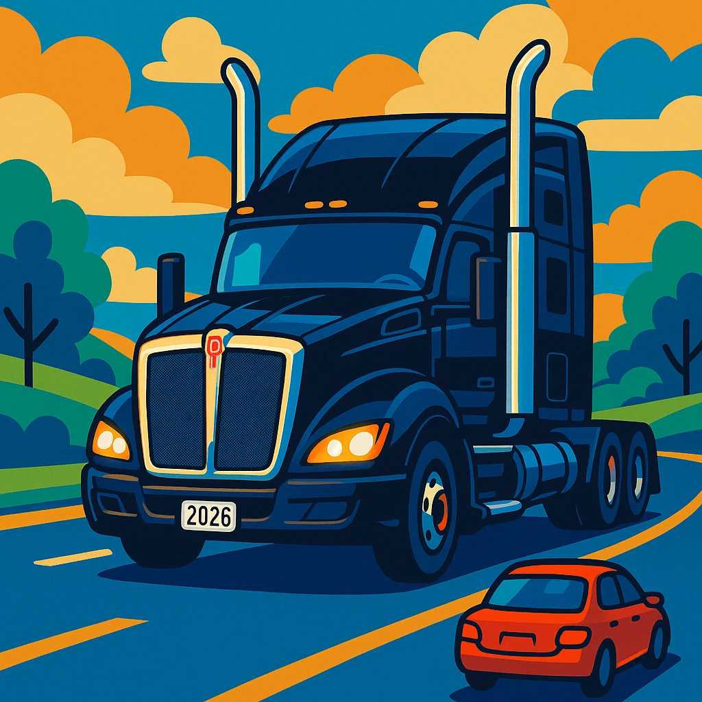 2026 Black Kenworth T680 Sleeper semi truck with tall chrome muffler stacks, headlights on, driving down a road with a car in front, stylized illustration, day scene emoji