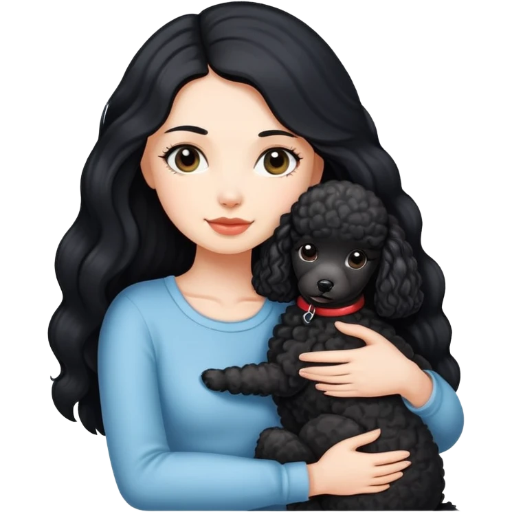 A white girl with long black  hair tightly hugged a Mini poodle emoji