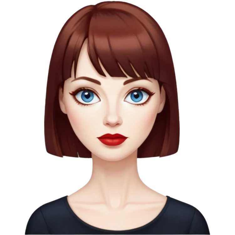 Woman in her late 40s with pale skin, wider face, blue eyes with eyeliner, thin eyebrows, small nose, red lipstick, dark auburn hair with bangs, wearing a black top emoji