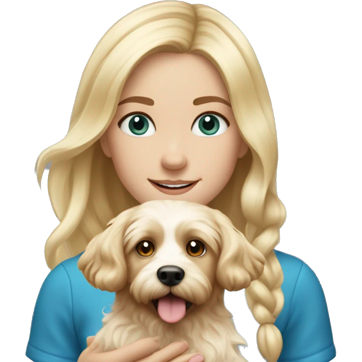White blond girl with long hair and blue eyes playing with a cavapoo dog emoji