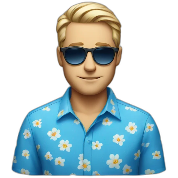 White Man with blue flower shirt an sunglasses lookin away, no beard emoji