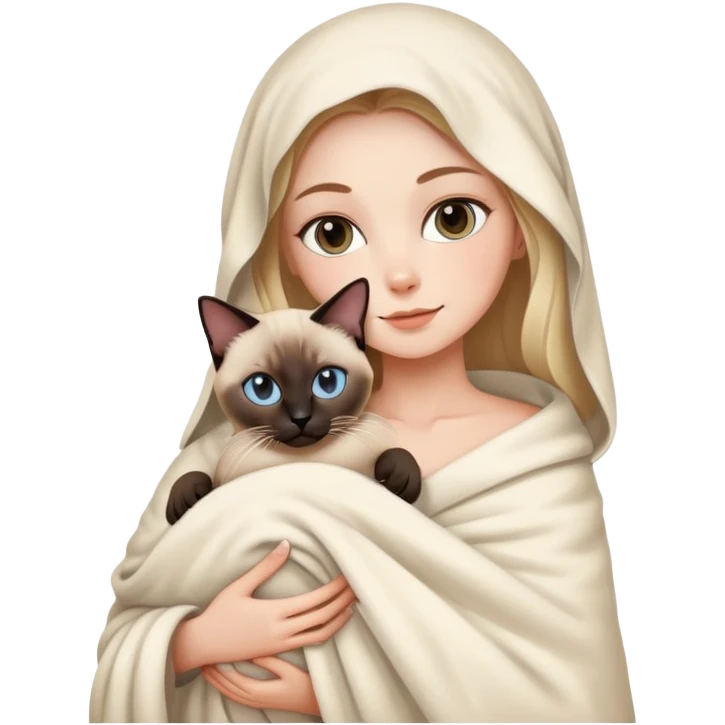 A white girl wrapped in a blanket holding a Siamese cat emoji