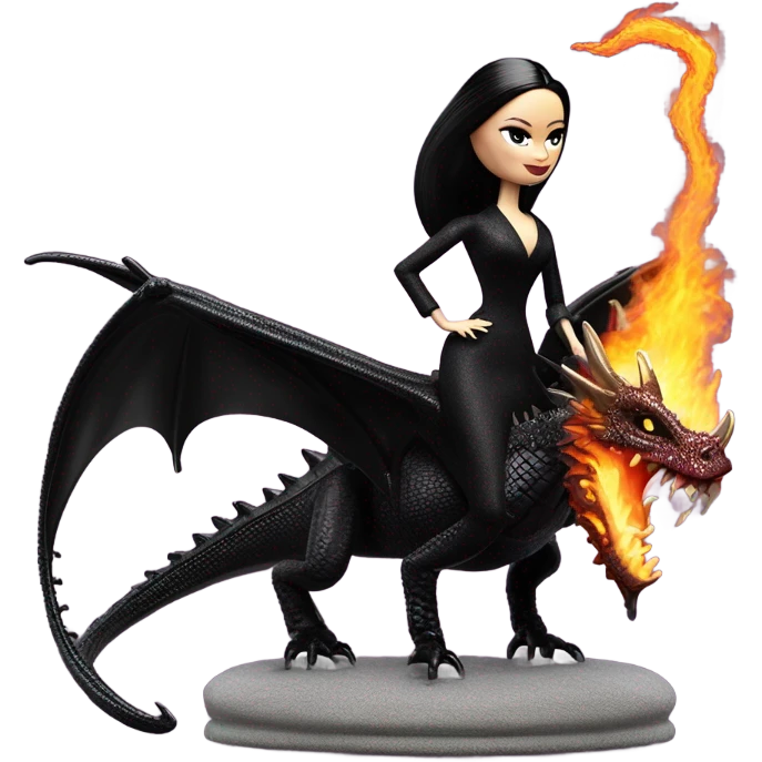 Victorian evening dressed, Morticia Addams Barbie Jedi wearing a mini tiara, riding on the back of a very large black shiny evil-looking fire-spewing horned dragon emoji