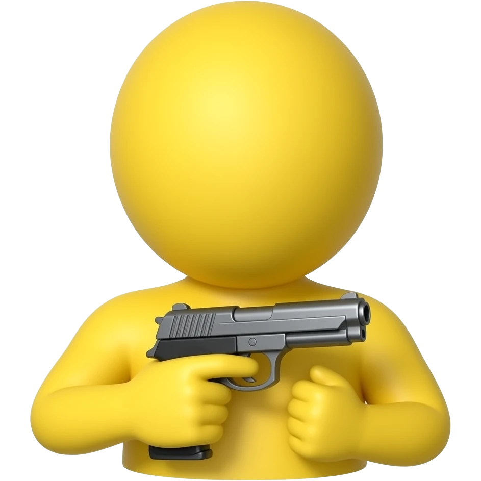 Yellow round head with ought arms holding a gun with just hands and no body emoji