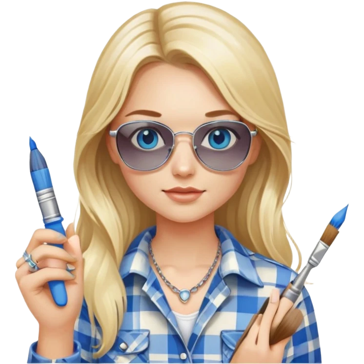 girl with long blond hair, wearing plaid shirt with blue eyes and aviator sunglasses wearing a ring on her silver necklace, holding a paintbrush roller emoji