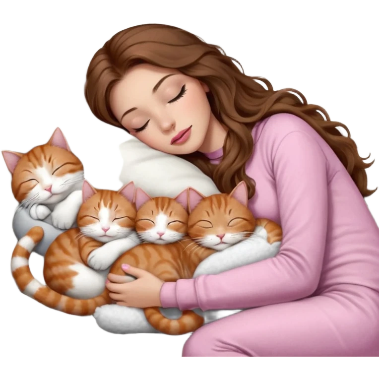 girl with long wavy brown hair, brown eyes, long lashes makeup, sexy pink lips, light to medium complexion,  sleeping on a cozy pillow, with 6 cats: 1 brown and white tabby cat, 1 ginger and white, 2 grey and white, 1 grey with white mittens and small white patch on chest and 1 calico, sleeping emoji