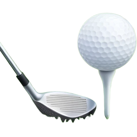 A golf ball on a tee, with a golf club placed beside it on the lush green fairway. The background shows a serene golf course with neatly trimmed grass and a clear blue sky, emphasizing the elegance and precision of the game. emoji