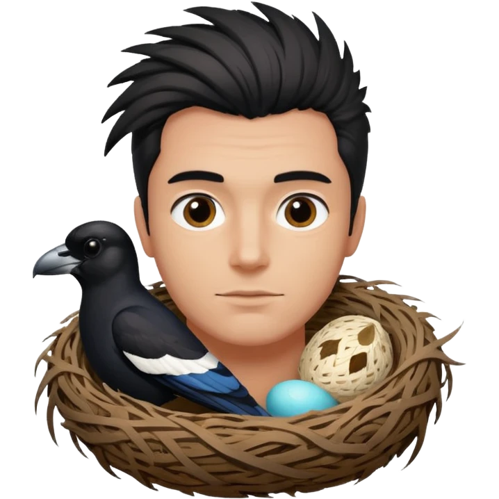 A man who has hair on the top of his head, that is actually an Australian Magpie, birds nest. emoji