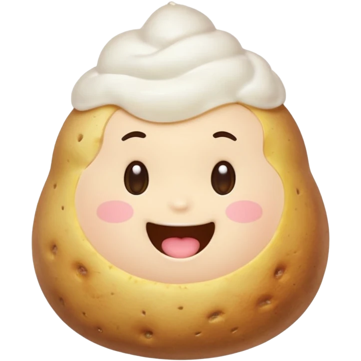 kawaii emoji character with a round face, sparkling eyes, and a happy smile, eating a steaming potato, soft pastel colors, blushing cheeks, LINE/Kakao Friends style emoji